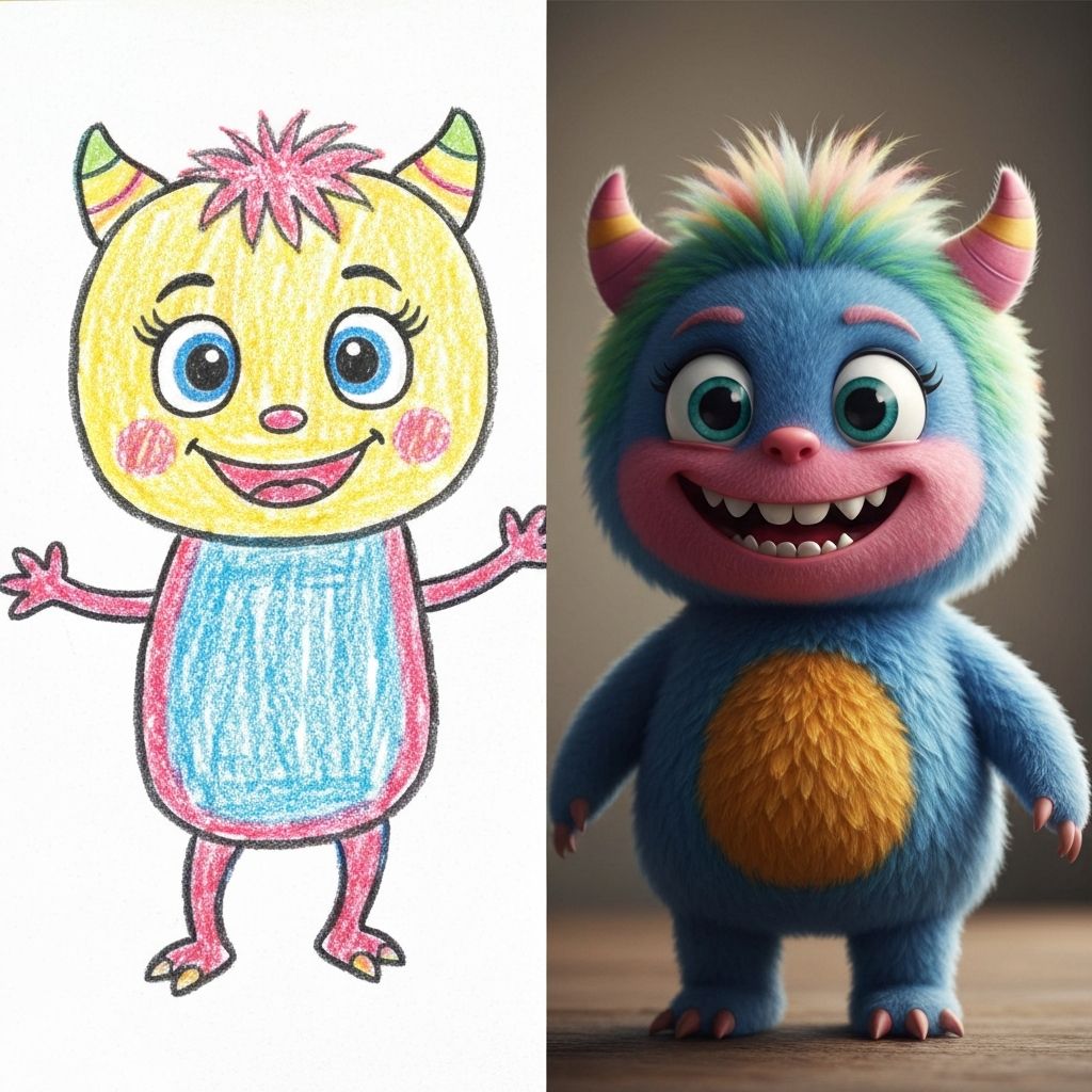 Children's drawing transforming into a realistic photo